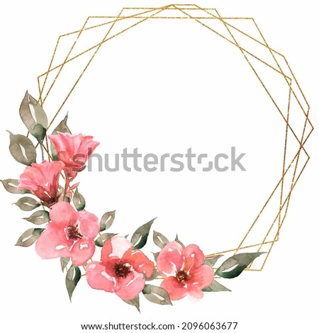 Watercolor Coral Floral and golden frame Wreath, Pink Flowers Clip art, Peony Frame, Boho Floral, Wedding Invites, Mother Day, Baby shower, Card printing