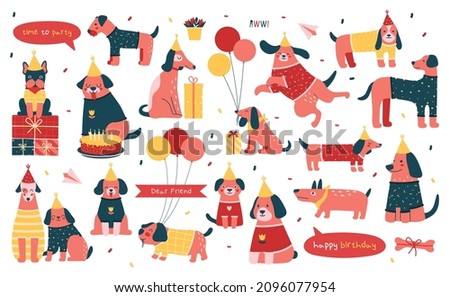 Collection birthday cute illustrations with different happy dog characters, puppies, with baloons, gifts, party hat,
confetti, labels. Set of vector flat elements for greeting card, party invitation. 