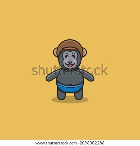 Cute Baby Gorilla Wearing Helmet. Character, Mascot, Icon, Logo, Cartoon and Cute Design. Vector and Illustration.