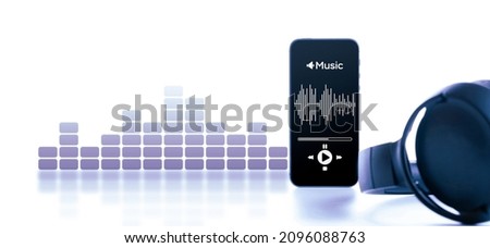 Music banner. Mobile smartphone screen with music application, sound headphones. Audio voice with radio beats isolated on white background. Broadcast media music banner with copy space