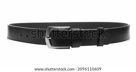 Black new leather belt, strap with metal buckle isolated on white   Royalty-Free Stock Photo #2096110609