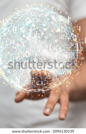 A 3D rendering of a businessman pointing global digital connections