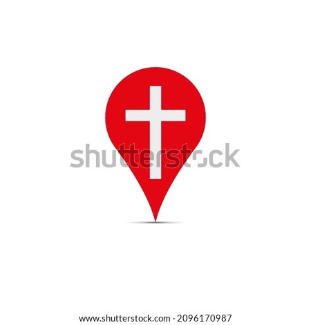 Local church near you. Red location map pin. Flat isolated Christian vector illustration, biblical background.