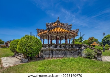 Wonderful view of the Kien Trung palace within the Citadel in Hue, Vietnam. Imperial Royal Palace of Nguyen dynasty in Hue. 