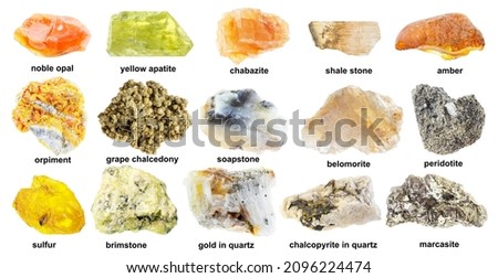 set of various rough yellow stones with names cutout on white background