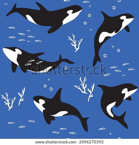 
Underwater world. Cute killer whales drawn by hand with a color vector seamless pattern.  Cartoon texture of killer whales characters. Canvas, wrapping paper, textiles, background filling.
