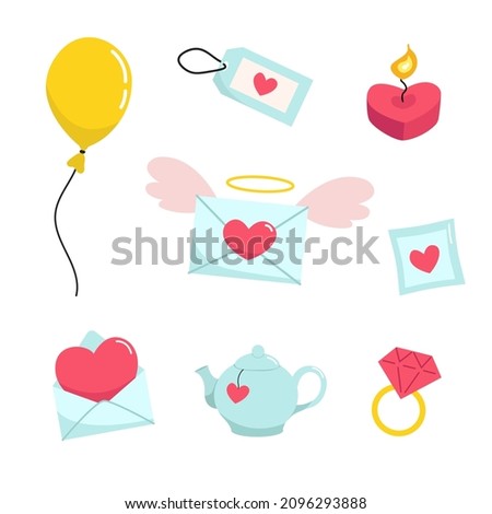 Set of illustrations Valentine's Day. Vector images of balloon, candle heart, label, love letter, teapot, diamond ring.
