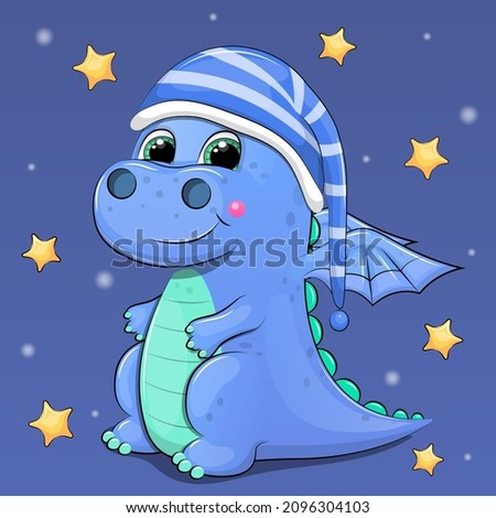 Cute cartoon dragon wearing a nightcap. Vector illustration on a blue background with stars.