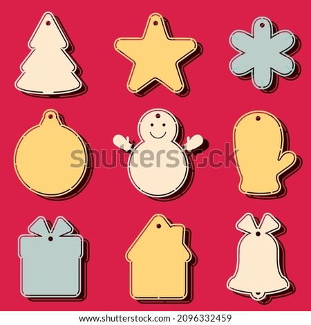 Christmas tags. Christams tree, snowman, mitten and other christmas attributes vector illustration