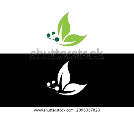 Green Leaf And Formed Butterfly Logo Design Vector Template.