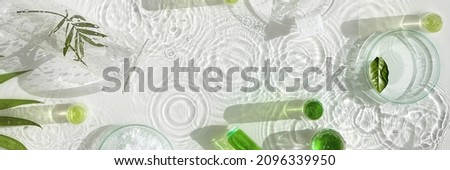 Cosmetic skincare background. Herbal medicine with green leaves. Natural sunlight, long shadows. Splashes of water, splashes. Chemical glassware, petri dishes, vials. Natural skincare background. Royalty-Free Stock Photo #2096339950