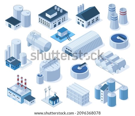 Isometric industrial factory buildings, warehouse, water purification system. Plant buildings, factories with tanks, pipes, crane vector illustration set. Industrial objects city map planning Royalty-Free Stock Photo #2096368078