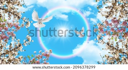 stretch ceiling sky model. sunny blue sky and clouds. pink white cherry blossoms and flying white doves. beautiful round rainbow in sky