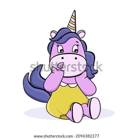 Funny unicorn. Cute cartoon surprised character. For postcards, posters, book illustrations. Vector illustration