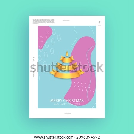 Set of vector Christmas and New Year holiday gift posters. Xmas flyers and brochures, greeting cards, group bright covers. Design with realistic Christmas tree. Bright blue, pink and gold colors.