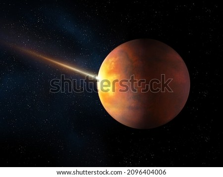Collision of a planet with a large comet. Cosmic catastrophe. Apocalypse in the solar system. Impact of a cosmic body on the surface of a rocky planet. 