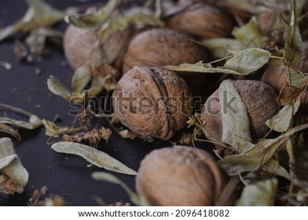 Walnut and green-yellow leaves background close-up.  Chopped nuts lie on a black background. High-quality background. Copy space
