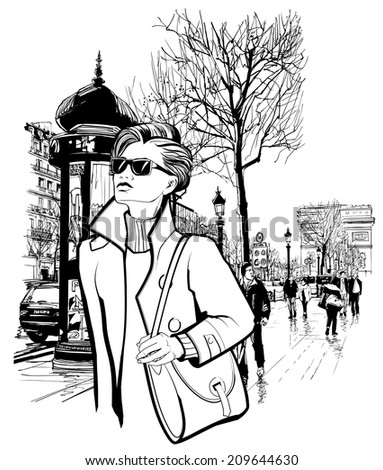 Woman walking in Champs-Elysees avenue in Paris - Vector illustration