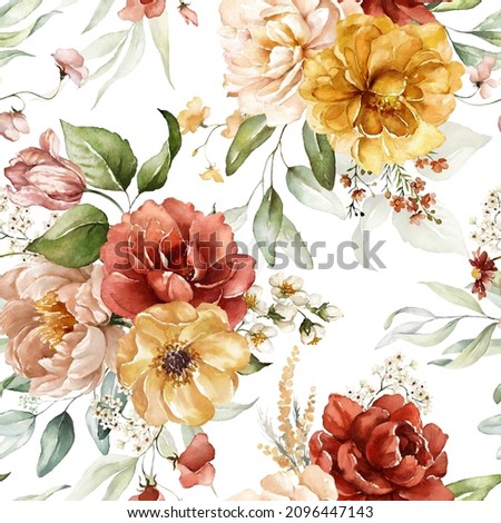 Seamless watercolor floral pattern - pink blush flowers elements, green leaves branches on white background; for wrappers, wallpapers, postcards, greeting cards, wedding invites, romantic events.