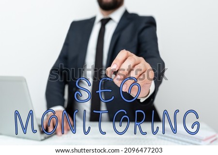 Hand writing sign Seo Monitoring. Concept meaning Tracking the progress of strategy made in the platform Remote Office Work Online Presenting Communication Technology