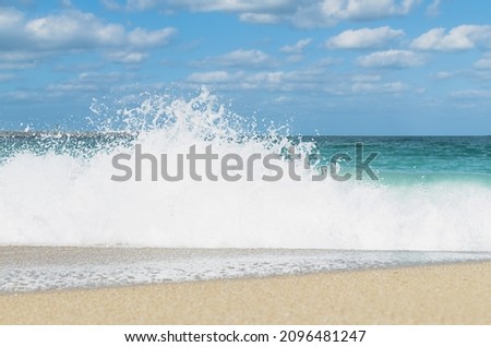 waves with foam on the shore of a sandy beach, on a sunny day