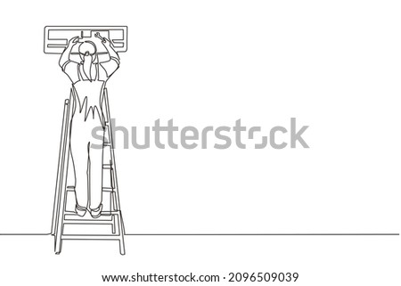 Single one line drawing air conditioning repair. Repairwoman technician woman repairing air conditioner. Air conditioning unit repair, maintenance professional service. Continuous line design vector