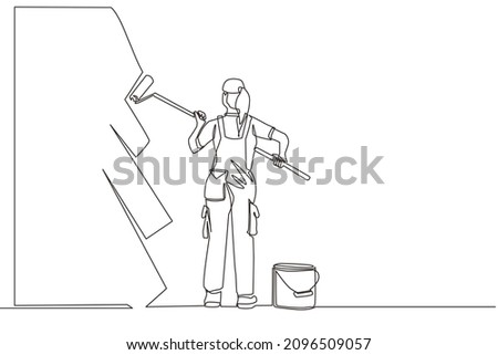 Single continuous line drawing painter decorator repairwoman people at work. Woman repair worker holding paintbrush roller, painting house apartment wall, home renovation. One line draw design vector
