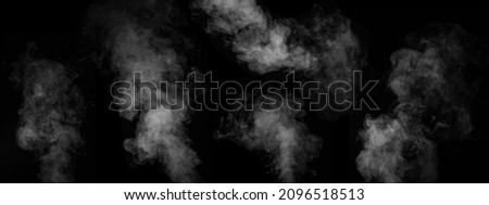 A set of 5 different fragments of fog or smoke isolated on a black background. White cloudiness, fog or smog background Royalty-Free Stock Photo #2096518513