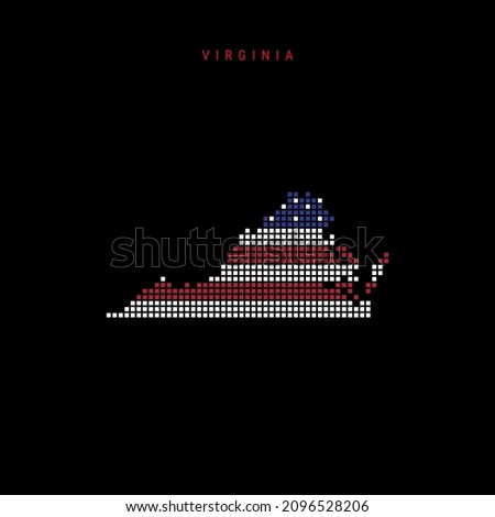 Square dots pattern map of Virginia. Dotted pixel map with american national flag colors isolated on black background. Vector illustration.