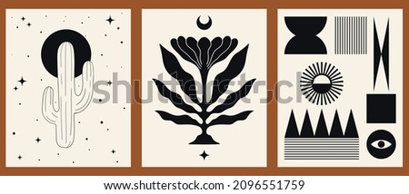 Set of three backgrounds for typography, decor design, covers. Vintage stylish illustration in boho style with sun, lines, plant, flower, eyes, cactus. Black and gold geometric shapes on beige. Royalty-Free Stock Photo #2096551759