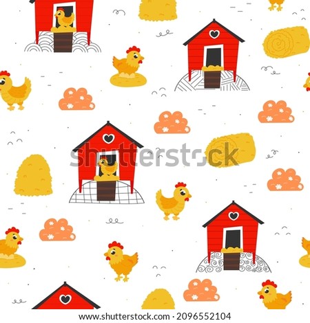 Seamless pattern with cartoon hens and houses with doodle elements in childish style on white background, farm life ornament for fabric design or wrapping paper