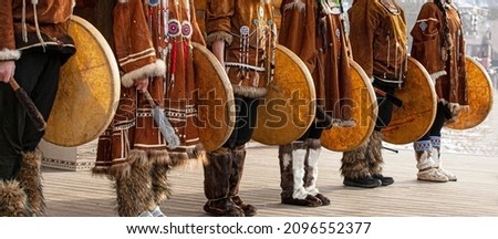 Folk ensemble performance in dress of indigenous people of Kamchatka. The holiday Northern aboriginal Koryak Royalty-Free Stock Photo #2096552377
