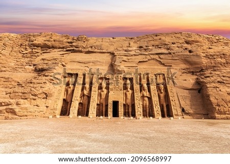 Abu Simbel Nefertari Temple, main view at sunset, Egypt Royalty-Free Stock Photo #2096568997