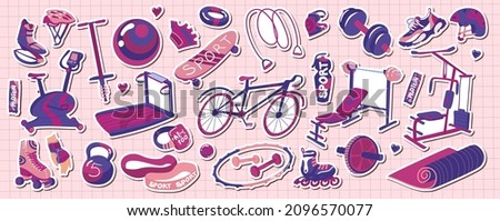 Sticker pack with Sports equipment. Gym, training, activities, lifestyle. Stickers, clip art. Jump rope, weights, kettlebell, dumbbell, tracker.  Isolated elements. Vector illustration. Flat style. 