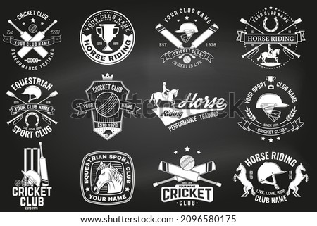Set of cricket and Horse riding club, patches, emblem, logo. Vector illustration. Concept for shirt, print, stamp or tee. Templates for cricket and Horse riding sports club. Vintage monochrome label