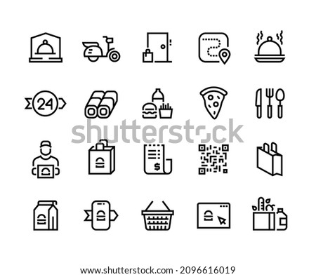 Food delivery line icons. Outline restaurant cafe and supermarket food order and delivery pictograms. Vector editable line stroke set