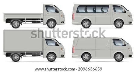 Trucks and vans vector mock-up. Side view of cargo vehicles on white for vehicle branding, advertising, corporate identity. All elements in the groups on separate layers for easy editing and recolor. Royalty-Free Stock Photo #2096636659