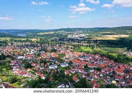 Aerial view, Steinau an der Strasse and Steinau Castle, Hesse, Germany, Royalty-Free Stock Photo #2096641240