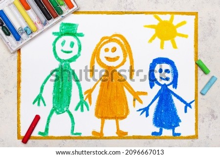 Colorful hand drawing: Happy family. Mother, father and daughter. 
