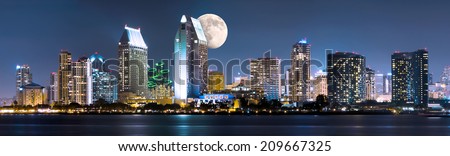 Downtown Cityscape with Buildings Reflecting, City of San Diego, California USA and Moon