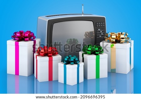 TV set with presents, 3D rendering isolated on blue background