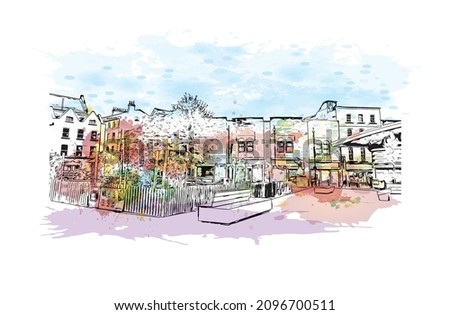 Building view with landmark of Leicester is the 
city in England. Watercolor splash with hand drawn sketch illustration in vector.