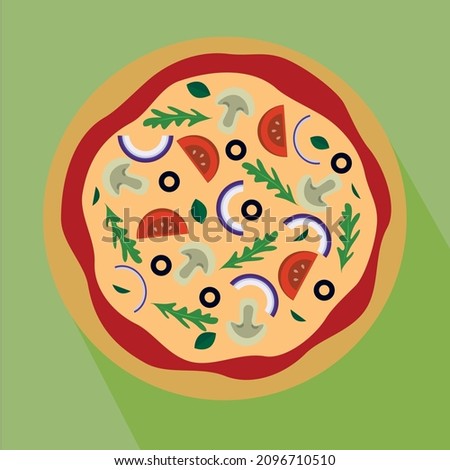 flat illustration of vegan pizza tomato onion oilve  arugula