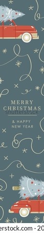 Web banner cute design illustration with blue background, beige sparkles stars, confetti, car with Christmas tree with Merry Christmas and happy new year sign