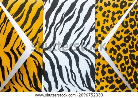 three envelopes with tiger, jaguar and zebra skin patterns, Creative layout, Flat lay 