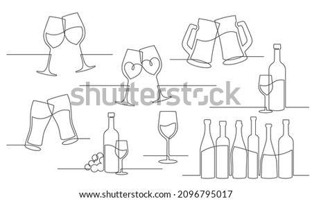 Set of wine glasses and bottles - continuous line drawing. Alcohol set. Vector illustration Royalty-Free Stock Photo #2096795017
