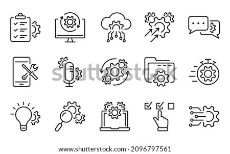 Technology Configuration Line Icon. Gear, Computer, Tool, Speech Bubble Digital Setting Concept Pictogram. Innovation Business Process Outline Icon. Editable Stroke. Isolated Vector Illustration. Royalty-Free Stock Photo #2096797561