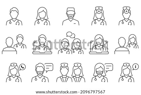 Doctors Line Icon Set. Medic Specialists and Patient Consultation Linear Pictogram. Online Medical Support Outline Icon. Medicine Info Speech Bubble. Editable Stroke. Isolated Vector Illustration. Royalty-Free Stock Photo #2096797567