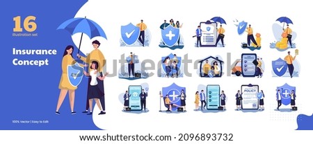 Illustration collection set of insurance concept, care about family life, assurance protection Royalty-Free Stock Photo #2096893732