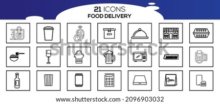 Delivery icons. Modern line design set. For presentation, graphic design, mobile application, web design, infographics. Icons as Courier on the bike, Food Box, Contactless Delivery and more. Editable